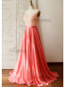 Coral Lace Chiffon Pearls Embellished Charming Prom Dress Coral Lace Chiffon Pearls Embellished Charming Prom Dress